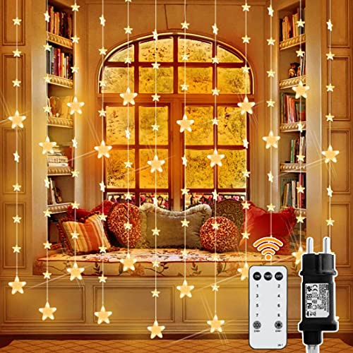 Lichterkette Sterne 144 LEDs 2mx1.5m 80 Sterne Lichtervorhang innen mit 8 Modi Fernbedienung IP44 Wasserdicht Weihnachtsbeleuchtung Sternvorhang für Zimmer Fenster Außen Partei Hochzeit Warmweiß von YINUO LIGHT