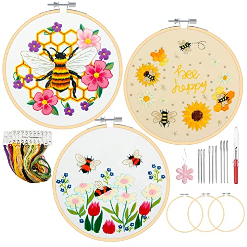 YINVA Anfänger Stickerei Set Stickerei Set, Blumenmuster Pflanzen Kreuzstich-Kit Starter Tools Kit mit 3 Stück Kunststoff-Stickrahmen, Farbfäden und Werkzeuge, für DIY Kunst, Handwerk, Nähen (Gelb) von YINVA