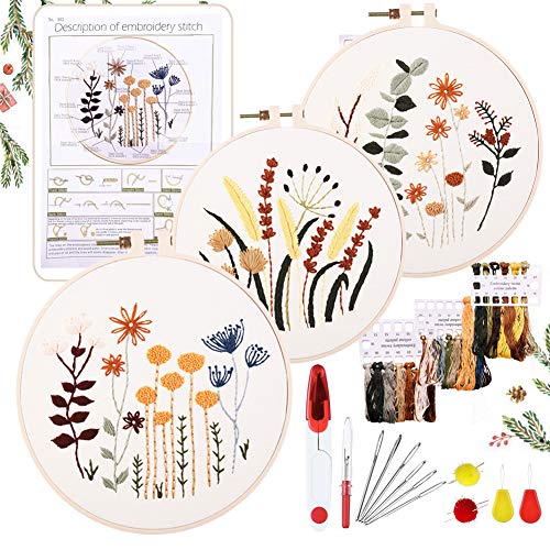 YINVA Anfänger Stickerei Set Stickerei Set, Blumenmuster Pflanzen Kreuzstich-Kit Starter Tools Kit mit 3 Stück Kunststoff-Stickrahmen, für DIY Kunst, Handwerk, Nähen von YINVA