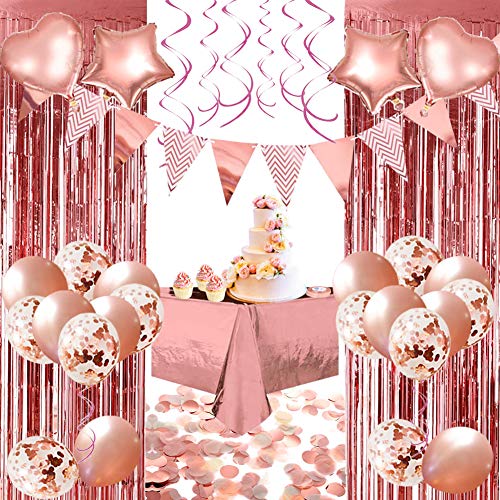 YINVA Geburtstagsdeko Rosegold Deko 67Stück Roségold Geburtstagsfeier Dekoration, Folie Luftballons Konfetti Luftballons, Folie Vorhänge Kunststoff Tischdecke, Tisch Konfetti für Mädchen Partyzubehör von YINVA