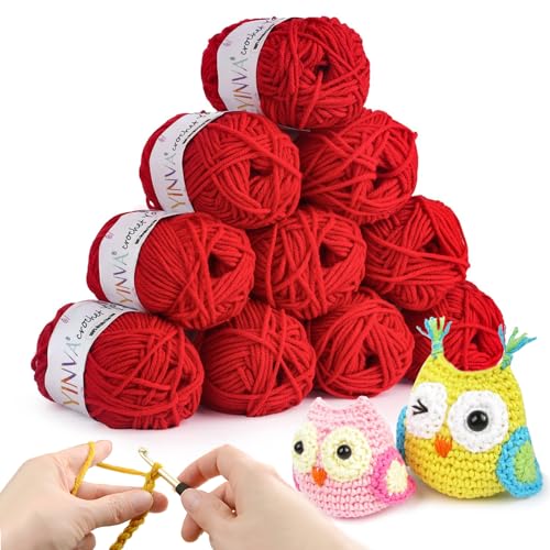 YINVA Häkelgarn 10 Farben x 25g Acryl Wolle Zum Häkeln Rot Wolle Zum Stricken Häkelwolle für Anfänger Crochet Yarn für Häkeln Stricken und Handwerk-Rot von YINVA