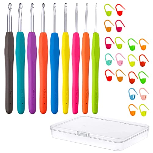 YINVA Häkelnadel Set 30pcs Häkelset für Anfänger Enthalten 9 Stück（2.0mm-6.0mm） Stricken Nadeln Kit Ergonomische Soft Gummi Comfort Grip+20 Stück Markierungsnadel Häkelnadeln Set von YINVA