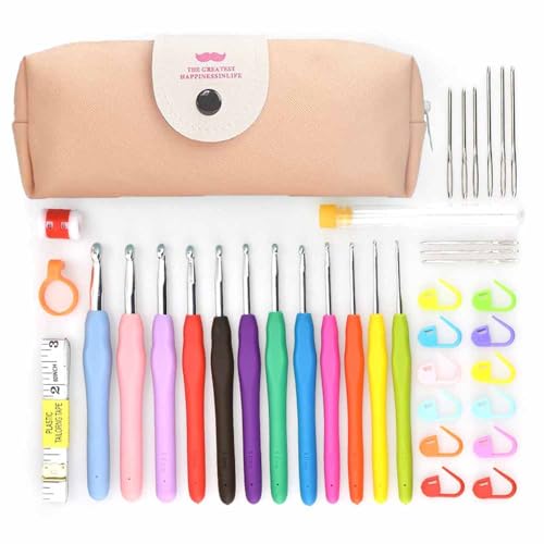 YINVA Häkelnadel Set 41pcs Häkel Set, Häkelnadeln Stricken Nadeln Kit Bunte Ergonomische Soft Gummi Comfort Grip, Häkelhaken Set mit Tragbaren Tasche (peach) von YINVA