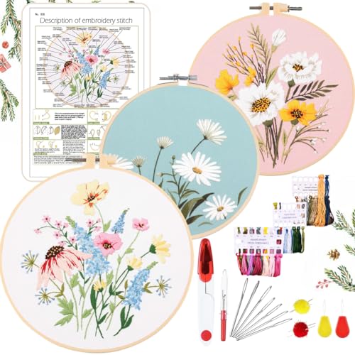 YINVA Stickerei Set Anfänger, Blumenmuster Pflanzen Kreuzstich-Kit Starter Tools Kit mit 2 Stück Kunststoff-Stickrahmen, Farbfäden und Werkzeuge, für DIY Kunst, Handwerk, Sticken von YINVA