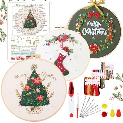 YINVA Stickerei Set Anfänger, Stickset Weihnachten, Kreuzstich-Kit Starter Tools Kit mit 2 Stück Kunststoff-Stickrahmen, Farbfäden und Werkzeuge, für DIY Kunst, Handwerk, Sticken von YINVA