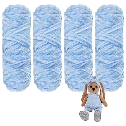 YINVA Wolle Zum Häkeln 400g(4pcs×100g) Flauschige Wolle Velvet Babywolle Weiche Plüschwolle Häkelwolle für Anfänger Dicke Wolle Zum Stricken-Hellblau von YINVA