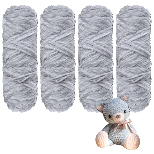 YINVA Wolle Zum Häkeln 400g(4pcs×100g) Flauschige Wolle Velvet Weiche Plüschwolle Häkelwolle für Anfänger Dicke Wolle Zum Stricken-Hellgrau von YINVA