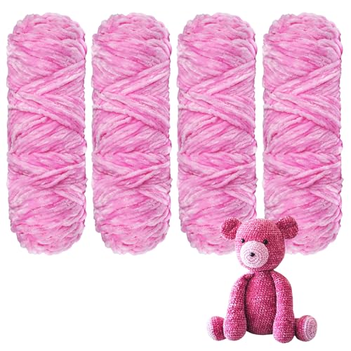 YINVA Chenille Wolle zum Häkeln 400g(4pcs×100g) Chenille Wolle Flauschige Wolle Velvet Weiche Plüschwolle Häkelwolle für Anfänger Dicke Wolle Zum Stricken-Rosa von YINVA