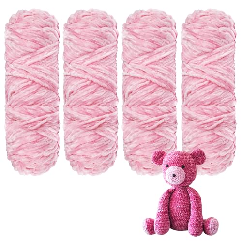 YINVA Chenille Wolle zum Häkeln 400g(4pcs×100g) Chenille Wolle Flauschige Wolle Velvet Weiche Plüschwolle Häkelwolle für Anfänger Dicke Wolle Zum Stricken-Rosa von YINVA