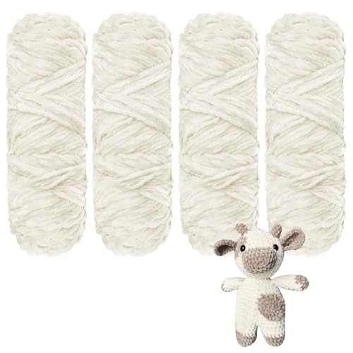 YINVA Wolle Zum Häkeln 400g(4pcs×100g) Flauschige Wolle Velvet Babywolle Weiche Plüschwolle Häkelwolle für Anfänger Dicke Wolle Zum Stricken-Milchweiß von YINVA