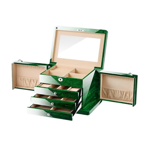 YIORYO 4-lagige Schmuckschatulle, Schmuckhalter-Organizer mit Schmuck-Organizer-Schublade, große Schmuckschatullen und Organizer, abschließbarer Schmuckhalter, for Mama(Green) von YIORYO