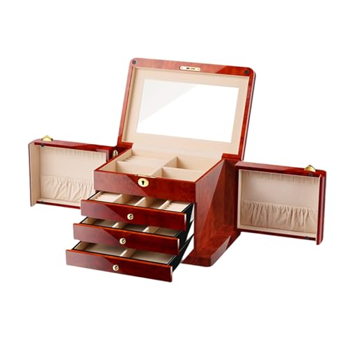 YIORYO 4-lagige Schmuckschatulle, Schmuckhalter-Organizer mit Schmuck-Organizer-Schublade, große Schmuckschatullen und Organizer, abschließbarer Schmuckhalter, for Mama(Red Camphor Wood) von YIORYO