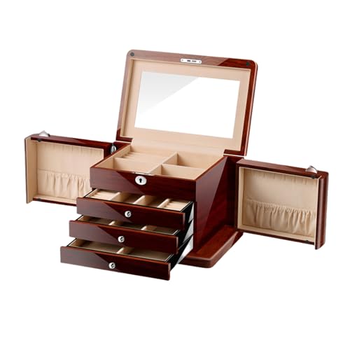 YIORYO 4-lagige Schmuckschatulle, Schmuckhalter-Organizer mit Schmuck-Organizer-Schublade, große Schmuckschatullen und Organizer, abschließbarer Schmuckhalter, for Mama(Walnut Wood) von YIORYO