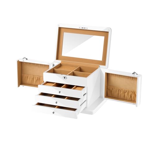 YIORYO 4-lagige Schmuckschatulle, Schmuckhalter-Organizer mit Schmuck-Organizer-Schublade, große Schmuckschatullen und Organizer, abschließbarer Schmuckhalter, for Mama(White) von YIORYO