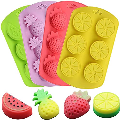 4 Stück Obstförmige Silikonform Ananas Wassermelone Erdbeere Zitrone Praline Backform 3D Sommer Obst Eisform für Gelee Fondant Seife Gummy Kinder Party Kuchen Dekoration von YISHI