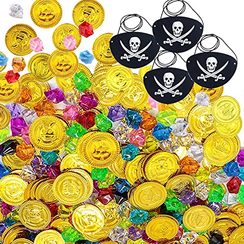 100pcs Piraten Edelsteine+50pcs Pirat Münzen+4pcs Piraten Augenklappe, Kinder Piraten Edelsteine, Goldmünzen des Piratenschatz Spielzeugs und Piraten Schmucksteine für Kinder Piratenparty Mitgebsel von YISKY