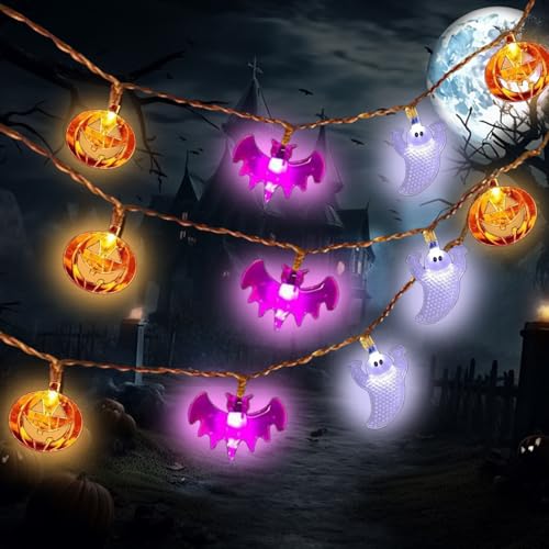 Halloween Fledermaus Lichterkette mit 20 LED, Fledermaus Halloween Lichterketten, Kürbisse Geister Fledermäuse Lichterketten, LED Kürbis Lichterkette, Halloween Dekoration Lichterketten für Fenster von YISKY