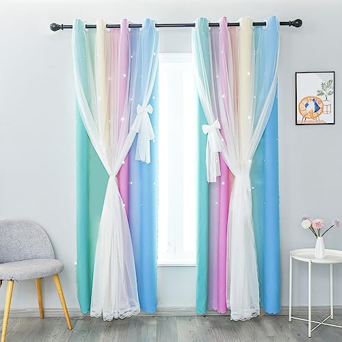 YISURE Hakenlos Vorhänge Kinderzimmer Mädchen, Bunter Wärmeisolierend Verdunkelungsvorhang Fenster Lärmschutz mit Hohlen Sternen Kinder Vorhänge Gardinen, Breite 132 x Höhe 213cm x 2er-Set von YISURE