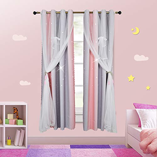 YISURE Rosa Stern Fenster Vorhang für Kinder Schlafzimmer Verdunkelung Kinderzimmer Vorhang mit Bogenknoten für Mädchen, 2 Schicht Vorhänge, Breite 132 x Höhe 213cm x 2er-Set von YISURE