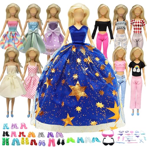 Bekleidungssets kompatibel mit Barbie Kleidung, 56-teilig, darunter 1 Kleid, 3 Modekleid, 3 Oberteile, 3 Hosen, 20 Schuhe, 18 zufällige Accessoires für Puppen von 29,9 cm (11,5 Zoll) zu Weihnachten, von YITULOU