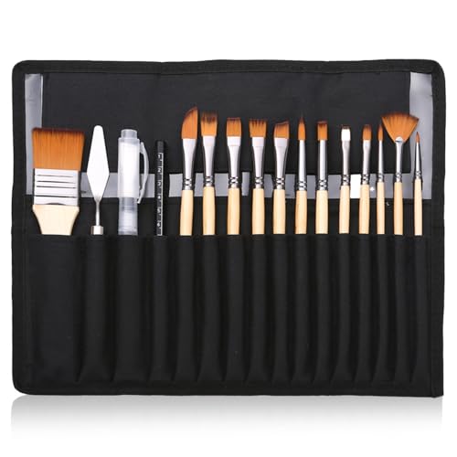 YIWEOG 18-teiliges Künstler-Pinsel-Set, Beutelpackung mit Schaber, Aquarell-Pinselstift, Nylonhaar, zarter Holzgriff, Pinsel, Tragetasche, Kunstbedarf, Geschenk für Kinder, Erwachsene, Anfänger, für von YIWEOG