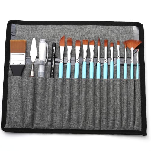 YIWEOG 18-teiliges Künstler-Pinsel-Set, Beutelpackung mit Schaber, Aquarell-Pinselstift, Nylonhaar, zarter Holzgriff, Pinsel, Tragetasche, Kunstbedarf, Geschenk für Kinder, Erwachsene, Anfänger, für von YIWEOG