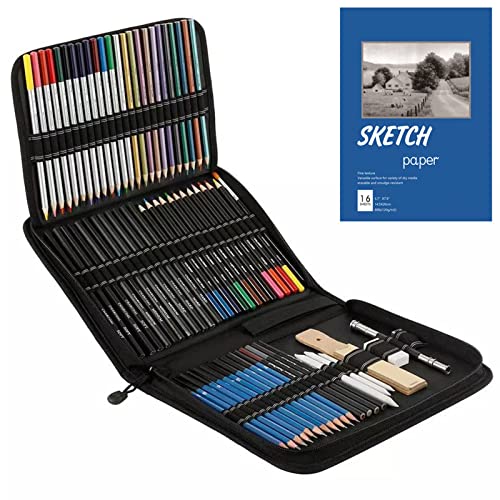 YIWEOG 73-teiliges professionelles Zeichenstift- und Skizzen-Set Enthält farbige Bleistiftskizze Kohle Pastell Bleistiftspitzer Radiergummi Skizze Papier Aufbewahrungstasche Kunstbedarf Geschenk für von YIWEOG