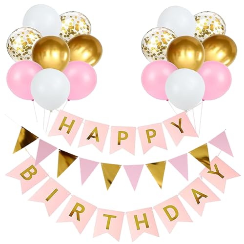 Luftballons Geburtstag Dekoration Set, Macaron rosa Gold Geburtstagsdeko Happy Birthday deko Banner Party Deko Geburtstag Set mit Macaron Luftballons Konfetti Ballons Dreiecksflaggen Girlanden（rd+SJQ) von YIXINCHENQI