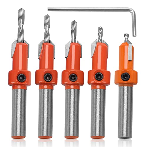 YIXISI 5 Stücke 10mm HSS Kegelsenkerbohrer Set, Kegelsenker Bit, Fasenzähler, Kegelbohrer, für Holzbearbeitung, Kunststoff, Bohrlöcher, mit Sechskantschlüssel und Schraube von YIXISI