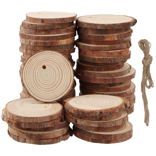 YIXNSW 50 Stück Holzscheiben 5-6cm runde 1 Stück 10 Meter Juteschnur, Baumscheiben Natur Naturholzscheiben mit Loch Klein für Handmalerei Hochzeit Handwerk DIY Weihnachtsdekorationen von YIXNSW