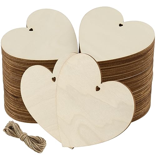 YIXNSW 60 Stück 10 x 10cm Holzherzen Holzherzen mit 10m Jute Schnur Holzherz Deko Groß Holzherzen mit Loch Geeignet für Hochzeit Party, Jubiläum, Basteln, Geschenkanhänger, Basteln von YIXNSW