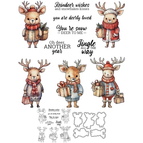 YIXUAN Frohe Weihnachten Rentier im Winter Mäntel transparenter Stempel und Metall Stanzformen Set mit Paket Umschlag Box für Kartenherstellung DIY Xmas Geschenke Alben Handwerk Scrapbooking Silikon von YIXUAN