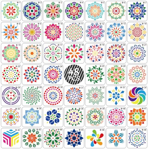 YIYINOE Mandala Schablonen-13 X 13 CM-48 PCS-Mandala Schablone,Malerei Zeichenschablonen,Malschablonen,Wiederverwendbare Schablonen,Vorlagen Set Painting Stencils,für DIY Dekor Scrapbooking Malen von YIYINOE