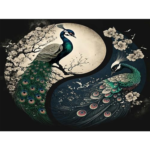 YIYUE Diamond Painting Kits Bilder für Erwachsene, Pfau Mond DIY Diamant Malerei Painting Bilder Set, 5D Diamond Art Full Runder Malen Nach Zahlen Erwachsene Set (35x45cm), Nr. 4 von YIYUE