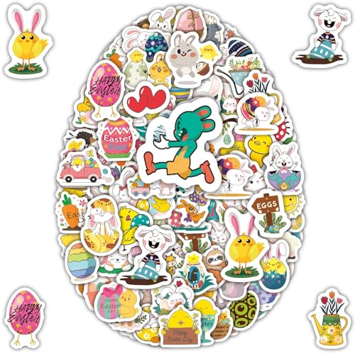 Aufkleber Ostern, 100 pcs Ostereier Sticker, Kinder Osteraufkleber, Ostersticker, Ostern Aufkleber Deko, Osterdeko Aufkleber, Oster Sticker Set, Hasen Aufkleber für Kinder, Ostereier Deko (Farbe A) von YIZHIXIANGQ