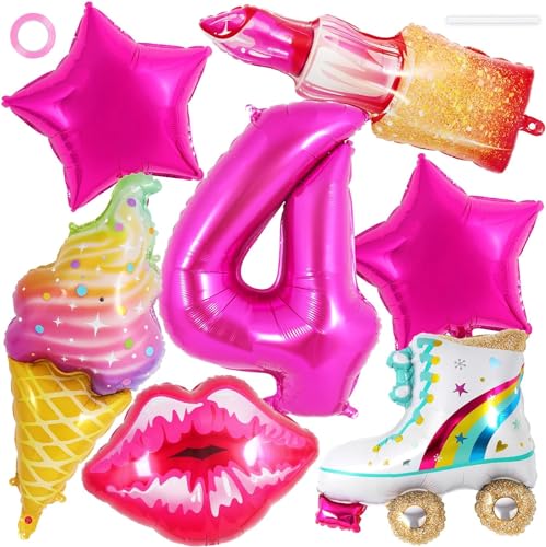 Folienballon Lippen, 6pcs geburtstagsdekoration 4 jahre,Lippenstift Ballon, Eiscreme Ballons, Ballon Rollschuhe, Stern Ballons, Geeignet für Geburtstagsballons für 4-Jährige Mädchen von YIZHIXIANGQ