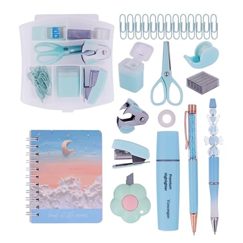 Mini Tacker Kit Bürozubehör Kits – Enthält Mini Stacker, Schere, Heftferner, Heftklammern, Bandspender… (Blue Set) von YIZOCENGUO