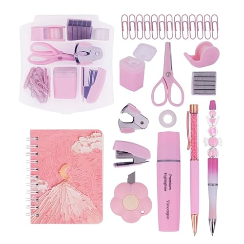 Mini Tacker Kit Bürozubehör Kits – Enthält Mini Stacker, Schere, Heftferner, Heftklammern, Bandspender… (Pink Set) von YIZOCENGUO