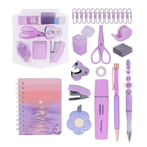 Mini Tacker Kit Bürozubehör Kits – Enthält Mini Stacker, Schere, Heftferner, Heftklammern, Bandspender… (Purple Set) von YIZOCENGUO