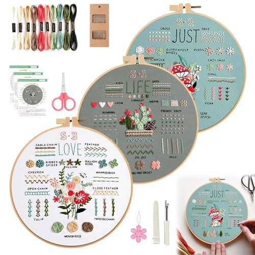 YIZWINS Stickset für Anfänger, 3 Sets Sticken Set Erwachsene, Blumenmuster Pflanzen Embroidery Kit mit 2 Stück Bambus Stickrahmen, Anleitung und Werkzeuge für DIY Set, Handwerk, Sticken von YIZWINS