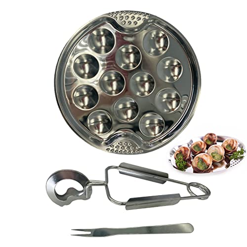 3 Stücke Schneckenteller Meeresfrüchte Werkzeug Set Schneckenpfanne Speisenteller mit Zange Gabel mit 12 Löchern Escargot Teller Teller Edelstahl Schneckenzange für Zuhause Restaurant Hotel Grill von YJFY