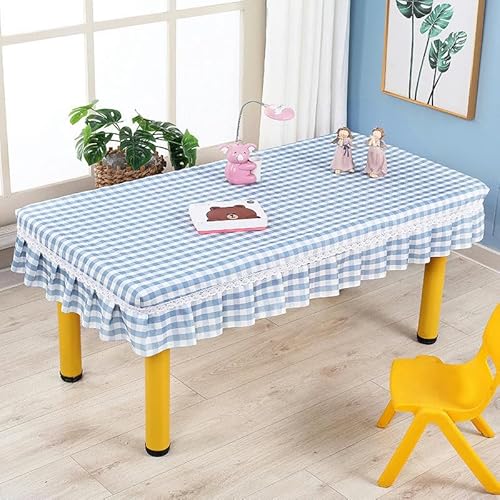 YJHQSS 60–120 cm abwischbare PVC-Tischdecke mit Blumenmuster für den Kindergarten rechteckig geblümt für große quadratische Esstische Tischdecke mit Rüschen (Gitterblau) von YJHQSS