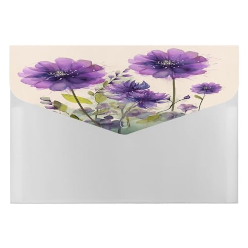 Dokumenten-Organizer, Aquarell-Stil, violette Blumen, Druck, Büro-Aktenordner, tragbare Aktenordner, langlebige Dokumentenmappe mit Schnappverschluss von YJWANDL