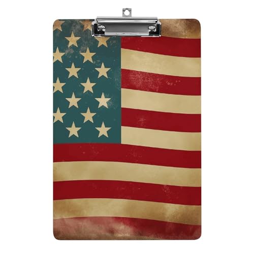 YJWANDL A4-Klemmbrett für 100 Blatt, Vintage-amerikanische Flagge, 4. Juli, USA, Druck, Acryl-Klemmbrett, Büro-Klemmbrett, Business-Board, Clip, Lehrerbrett, Clip, Stil von YJWANDL