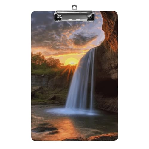 YJWANDL A4-Klemmbrett für 100 Blatt, Wasserfall bei Sonnenuntergang, Acryl-Klemmbrett, Büro-Klemmbrett, Business-Board, Clip, Lehrerbrett, Clip, Stil von YJWANDL