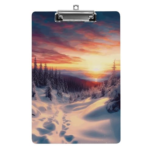 YJWANDL A4-Klemmbrett für 100 Blatt, Winter, Schnee, Sonnenuntergang, Landschaft, Druck, Acryl-Klemmbrett, Büro-Klemmbrett, Business-Board, Clip, Lehrerbrett, Clip, Stil von YJWANDL