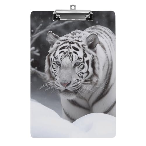 YJWANDL Klemmbrett A4, hält 100 Blatt, weißer Tiger im Schnee, Druck-Acryl-Klemmbrett, Büro-Klemmbrett, Business-Board, Clip, Lehrertafel, Clip, Stil von YJWANDL