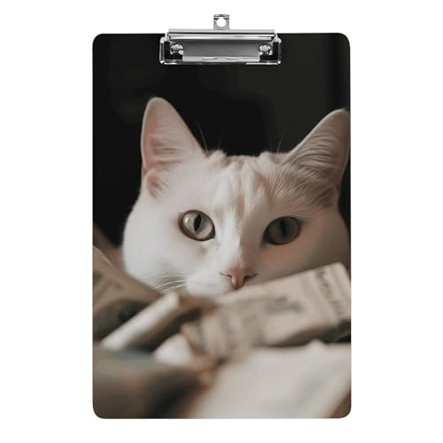 YJWANDL Klemmbrett A4 für 100 Blatt, weiße Katze und Stapel von Dollars Druck, Acryl-Klemmbrett, Büro-Klemmbrett, Business-Board, Clip, Lehrertafel, Clip, Stil von YJWANDL