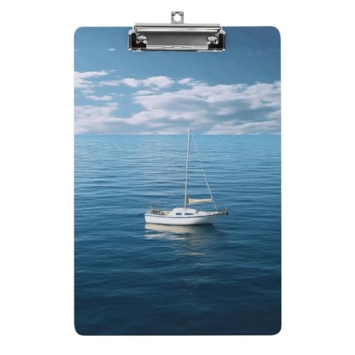 YJWANDL Klemmbrett A4 für 100 Blatt, weißes Boot auf blauem Meer, Acryl-Klemmbrett, Büro-Klemmbrett, Business-Board, Clip, Lehrerbrett, Clip, Stil von YJWANDL