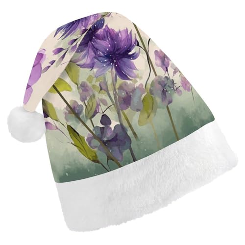 YJWANDL Weiche und gemütliche Weihnachtsmütze, Aquarell-Stil, lila Blumendruck, Weihnachtsmütze, perfekte Weihnachtsmütze für Feiertage und Winterfeiern von YJWANDL